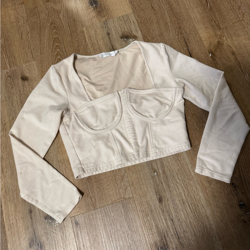Jonathan Simkhai Beige Square Neckline Long Sleeve Crop Top size Medium